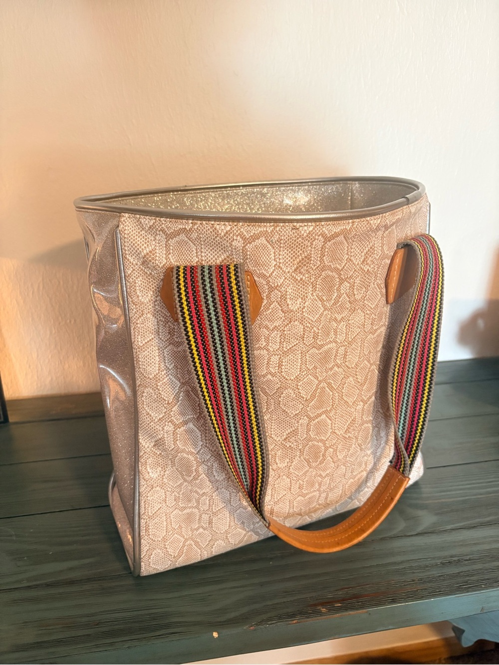 Consuela Cream Snake-Texture Tote with Multicolor Stripe Handles